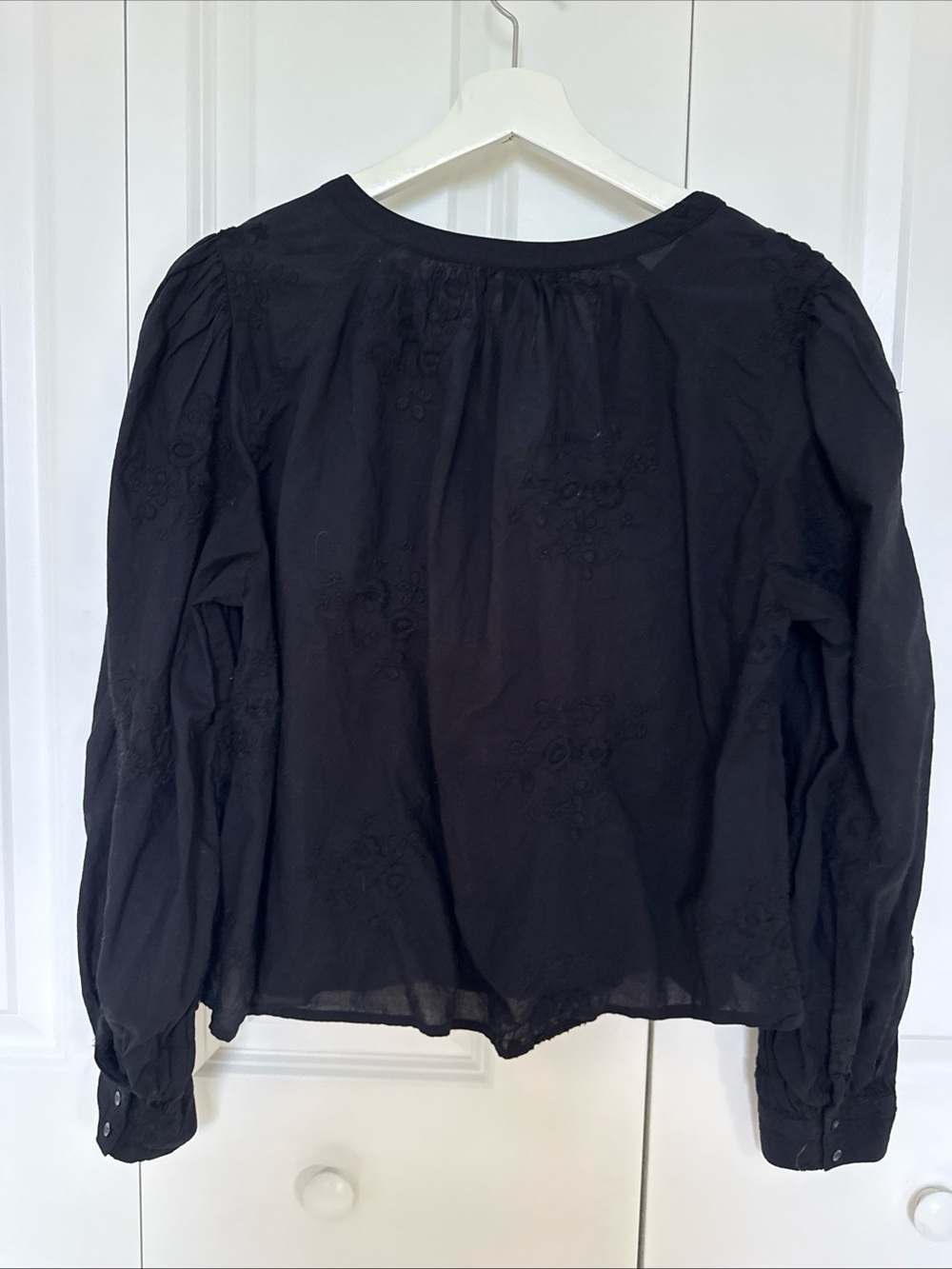 Embroidered Longsleeve Cropped Black Blouse Cottage Core Hippie Boho Sz L - Picture 3 of 6